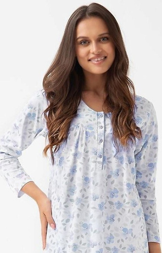 338 Camicia da notte Luna blu - cotone con motivo floreale, lunga con bottoni