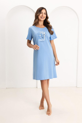Camicia da notte Regina 174, cotone, manica corta, mezzo girocollo, stampa blu