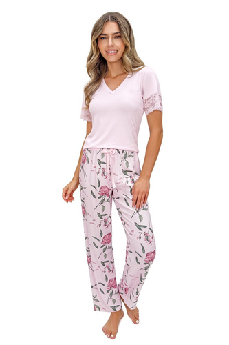 Pigiama donna Donna Gabriela Long viscosa pizzo scollo V comfort