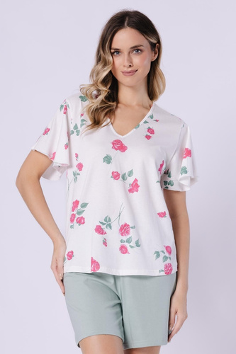 Pigiama da donna Vivian Leveza in cotone 1725 crema - pigiama leggero per l'estate, camicia a farfalla + pantaloncini corti