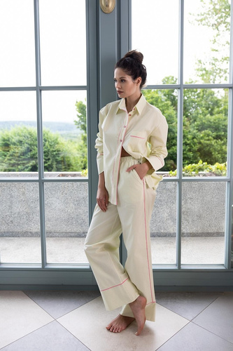 Pigiama donna Sensis Raven lime – cotone, camicia con bottoni e pantaloni