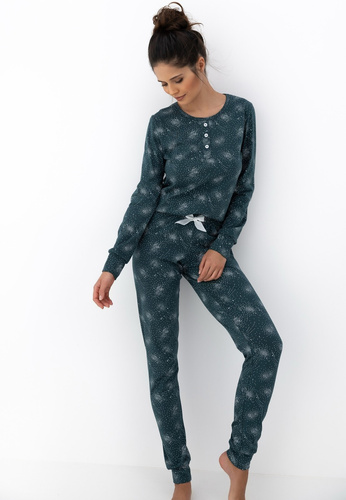 Pigiama Ellison Sensis donna verde - pigiama a maniche lunghe in cotone con polsini a costine