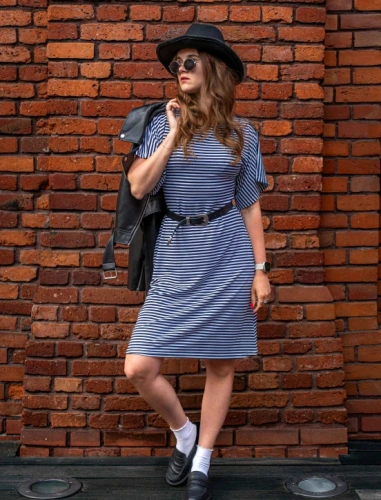 De Lafense Cote 062 Abito Donna a Righe con Viscosa Taglio Largo - blu scuro