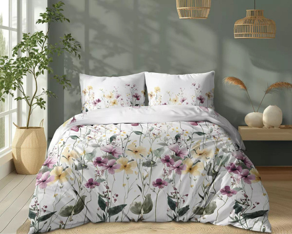 5773 A Cotton Bloom Detexpol biancheria da letto bianca con fiori di campo gialli e viola - 100% cotone, reversibile, produzione polacca