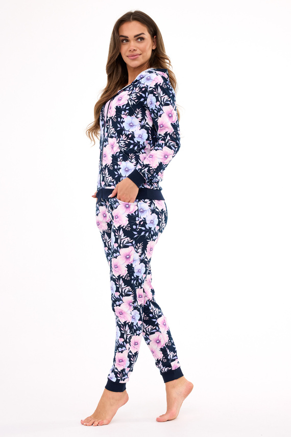355/464 Pigiama da donna Maddie Cornette - 3 pezzi blu navy con camicetta con fiori e felpa con cappuccio