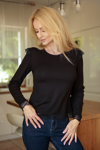 Mirale Ivy Blusa Donna in Viscosa con Pizzo Elegante Manica Lunga - nera