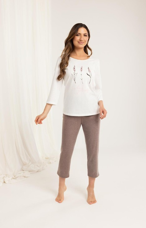 Pigiama 703 Regina in cotone ecru - donna, manica 3/4, pantalone 7/8, stampa floreale