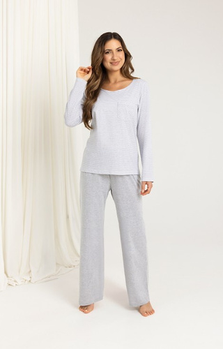 715 Pigiama da donna grigio Regina - cotone, camicia a righe con taschino