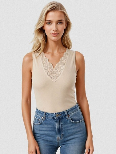 Top donna Ovena Eldar in viscosa a costine con scollo V in pizzo