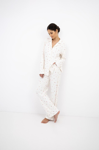 Sensis Valerie Ecru Pigiama Donna Invernale Jacquard con Bottoni Fiori