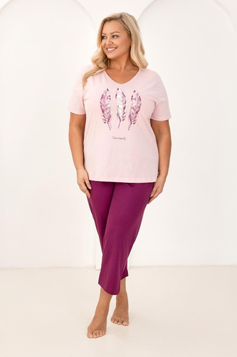 Pigiama da donna in cotone Regina 742 rosa- Scollo a V, manica corta, camicia stampata, pantaloni a 3/4, 100% cotone