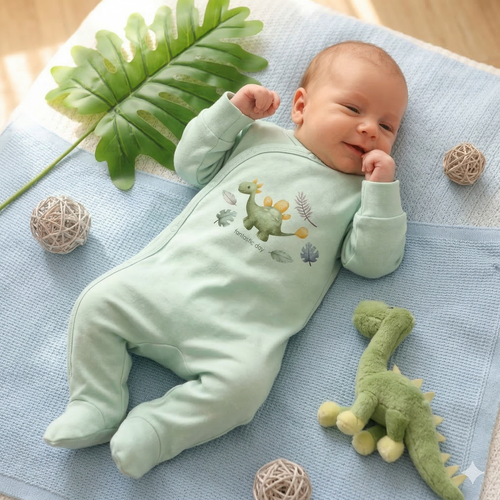 ABN-5568 Dino Explorer Nini, pigiama per neonato in cotone biologico, chiusura con bottoni a pressione