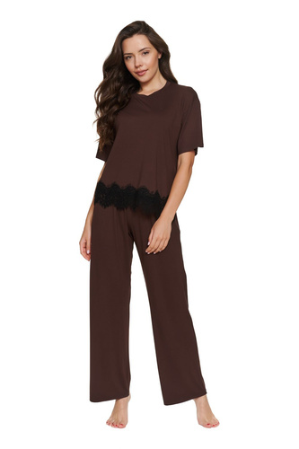 Pigiama donna Doctor Nap 7536 Chocolatte in viscosa lunga con pizzo