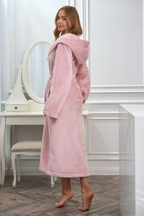 L&L 2602 Honey Accappatoio lungo da donna con cappuccio, morbido, con cintura, rosa cipria