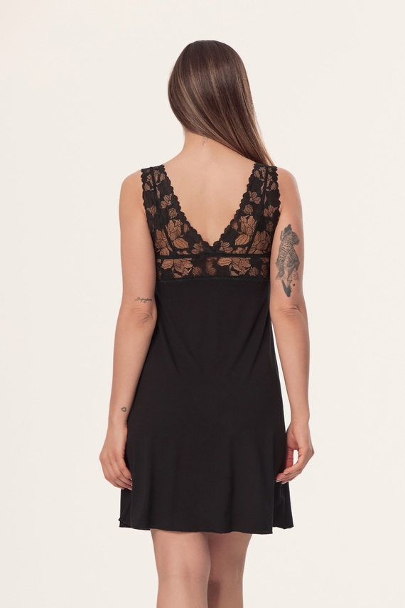 Mefemi Hanna KS01 Camicia da Notte in Viscosa con Pizzo Nera Imbottita