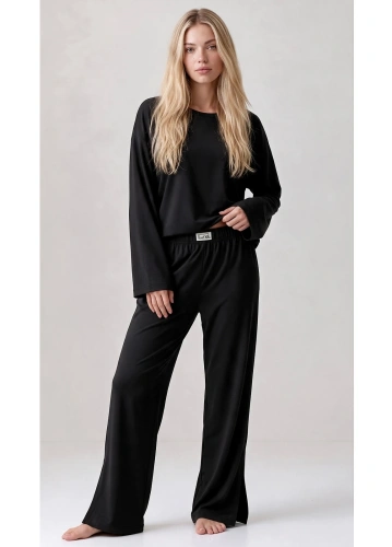 Pigiama donna Luna 1312 100% cotone oversize pantaloni larghi homewear - nero