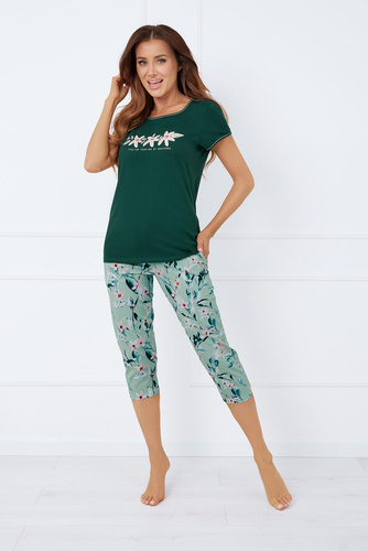 Florisa Pigiama da donna a maniche corte, pantaloni a 3/4 Moda italiana - verde scuro/stampa