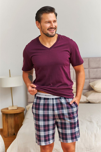Pigiama uomo Doctor Nap 7476 bordeaux in cotone a quadri con scollo a V