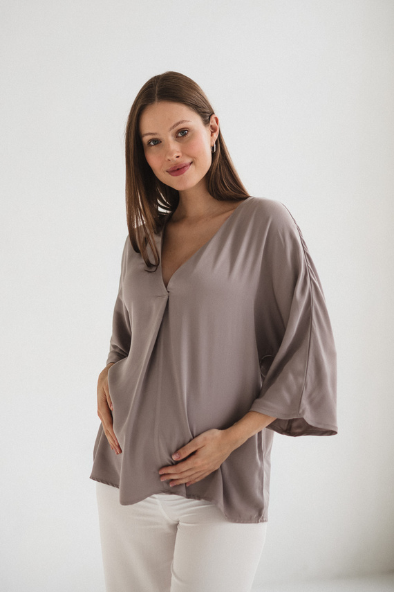 Mamafullness Camicetta da gravidanza per allattamento Milk&Love beige - viscosa, manica 3/4, oversize