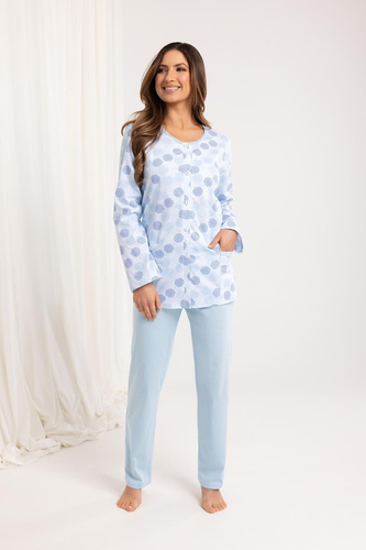710 Pigiama da donna blu Regina - cotone, manica lunga, bottoni, comfort classico