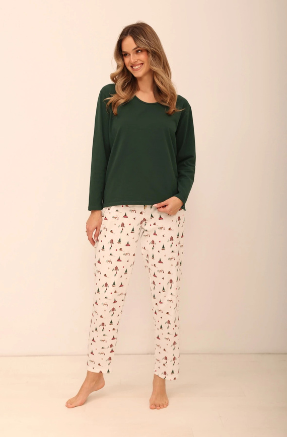 Pigiama donna Taro 3688 Zaria verde in cotone con pantaloni lunghi, tema natalizio