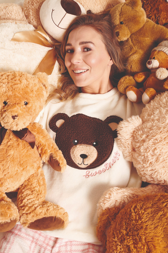 Pigiama donna Madlen Sorbetto ecrù - in pile, con ricamo orsetto e pantaloni a quadri