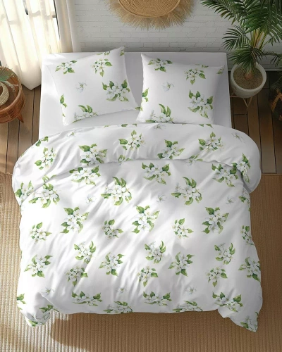 5766 B Cotone Bloom Detexpol Biancheria da letto bianca con fiori bianchi e foglie verdi - 100% cotone, double face, produzione polacca