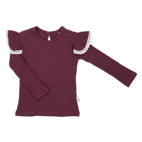 217138 Camicetta in cotone Alisa Nicol - manica lunga, bordeaux, balze con pizzo
