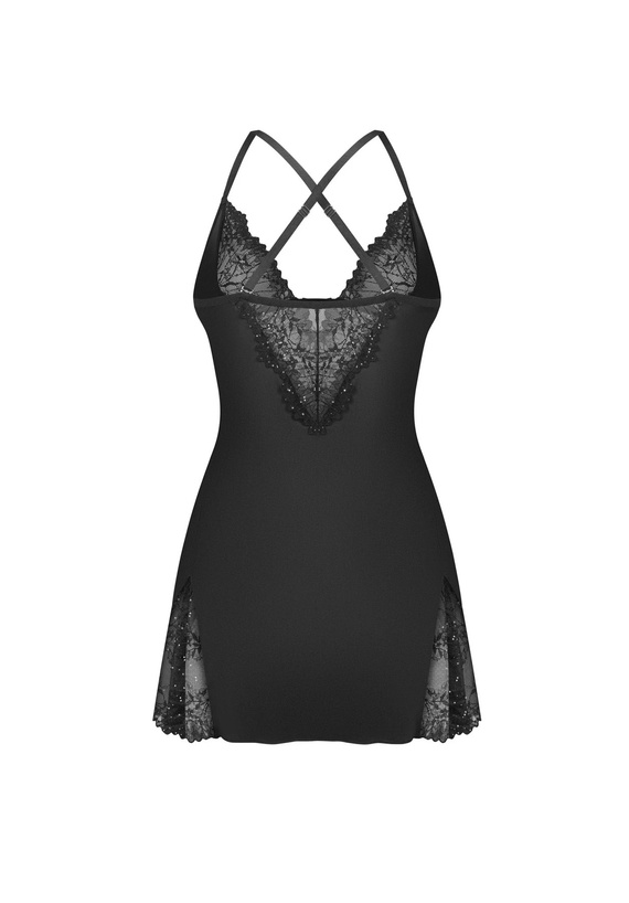 Obsessive Sparkly Night babydoll nero con pizzo e perizoma, completo