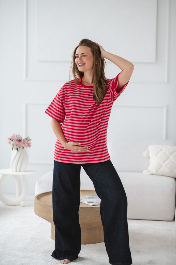 Mamahood Maglietta per la gravidanza e l'allattamento Milk&Love a righe rosse e rosa, comoda ed elegante