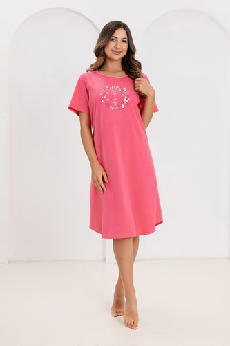 Camicia da notte Regina 176, cotone, manica corta, mezzo girocollo, stampa rosa