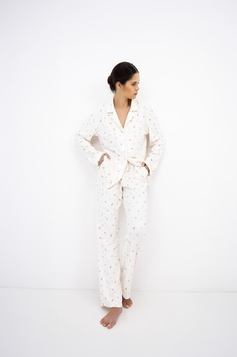 Sensis Valerie Ecru Pigiama Donna Invernale Jacquard con Bottoni Fiori