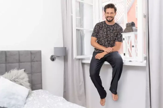 Pinus Pigiama Uomo manica corta, pantalone lungo Moda Italiana- stampa/grafite