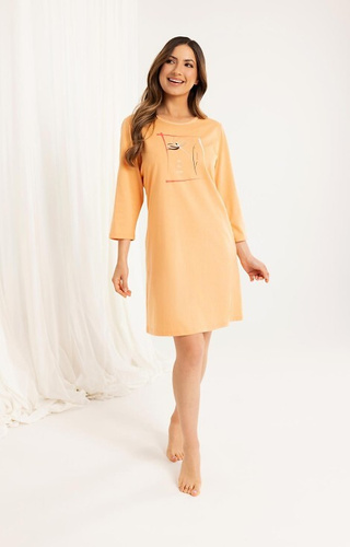 166 Camicia da donna in cotone color albicocca - manica 3/4, stampa, lunghezza al ginocchio