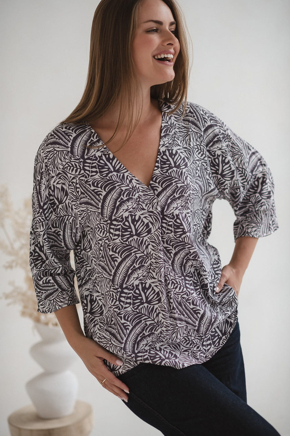 Blusa premaman Bahama Mama Milk&Love con stampa tropicale, viscosa, manica 3/4, oversize
