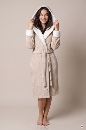 Accappatoio donna Sharon Unikat caldo in peluche con cappuccio e cintura - beige