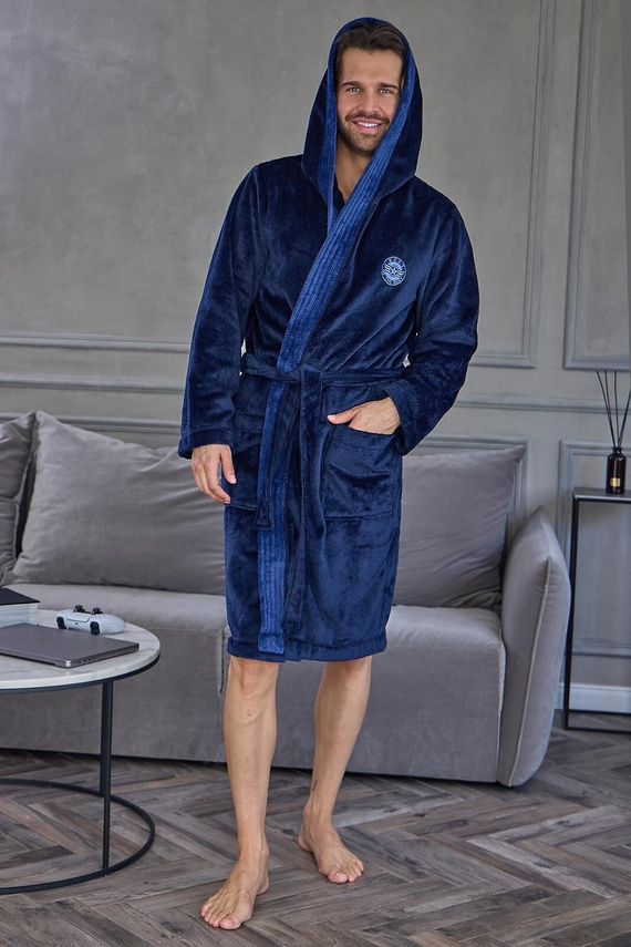 L&L 2663 Active Accappatoio Uomo Lungo con Cappuccio Morbido Navy