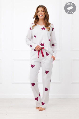 Italian Fashion Kioga Pigiama donna Mega Soft lunga ecru con cuori bordeaux