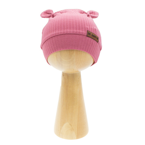 216054 Berretto Lala Nicol - cotone a coste con elastan, orecchie e patch Be happy
