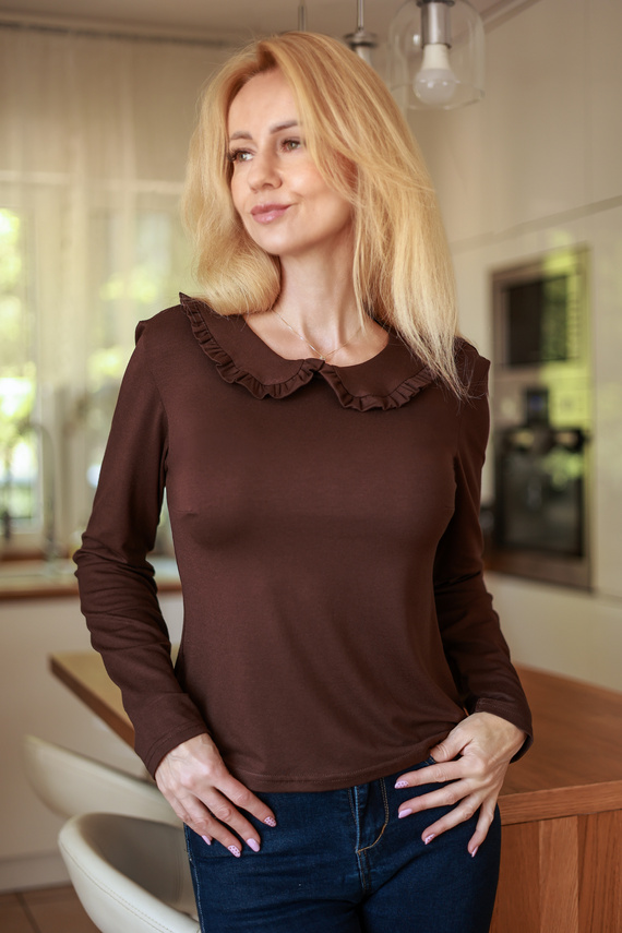 Mirale Anna Blusa Donna in Viscosa con Volant e Colletto - marrone