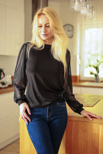 Mirale Freya Blusa Donna in Viscosa con Maniche in Tulle e Collo Alto Elegante - nera