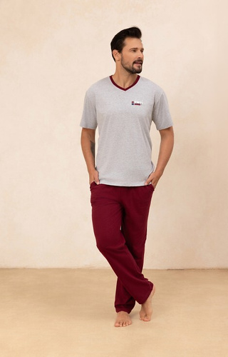 498 Pigiama uomo in cotone grigio Regina - T-shirt con scollo a V + pantaloni lunghi