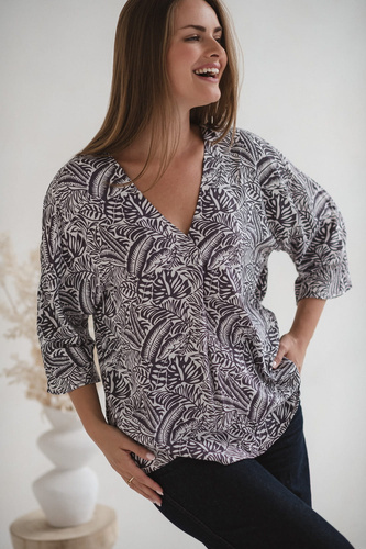Blusa premaman Bahama Mama Milk&Love con stampa tropicale, viscosa, manica 3/4, oversize