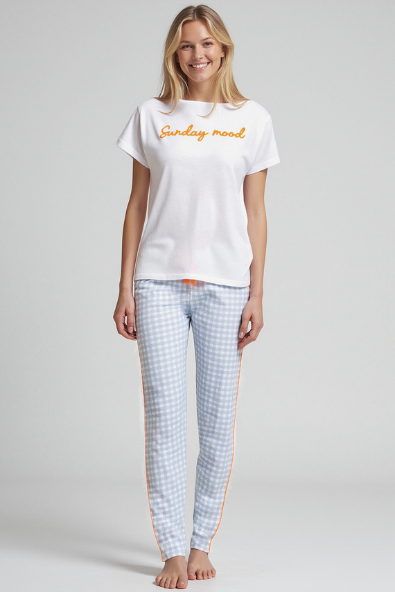 Dana Pigiama donna blu sorbetto - 100% cotone, manica corta, pantaloni a quadri, set