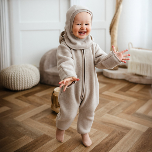 Tuta per neonato in lana merino Eevi - beige, morbida e traspirante