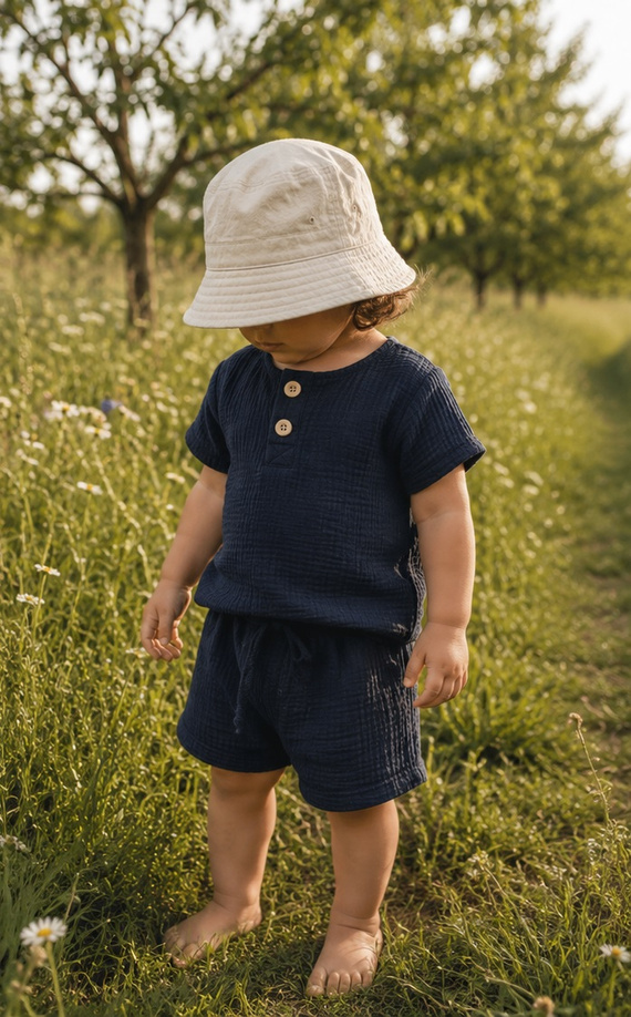 BL55105 Mamatti camicia polo in mussola blu navy manica corta con bottoni