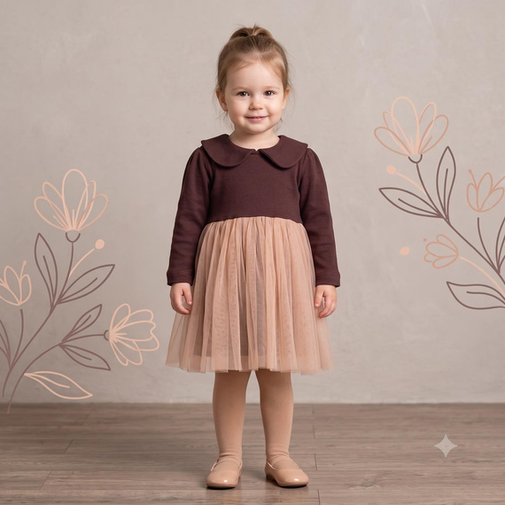 226167 Nicol HANIA Abito con tulle beige marrone manica lunga per bambina