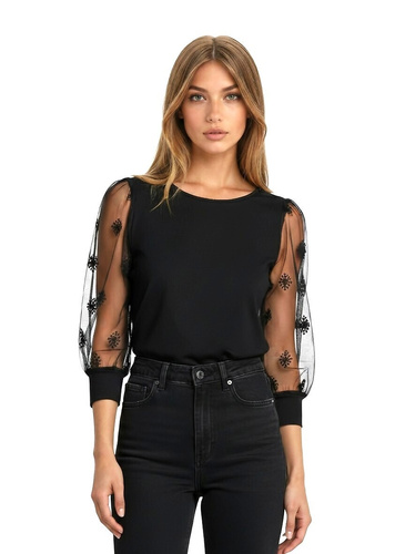 Camicetta donna elegante Teria 3/4 Eldar nero- viscosa, maniche a palloncino, tulle ricamato, scollatura rotonda, filetto