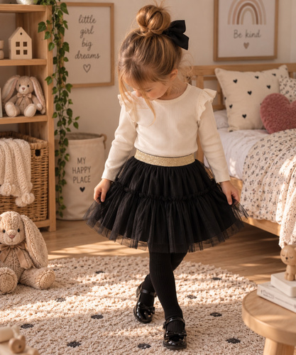 Gonna bambina nera ST106 in tulle morbido, tulle metallizzato, elastico in vita