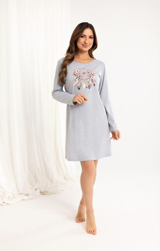 162 Camicia da notte in cotone grigio Regina - manica lunga, stampa, sotto il ginocchio